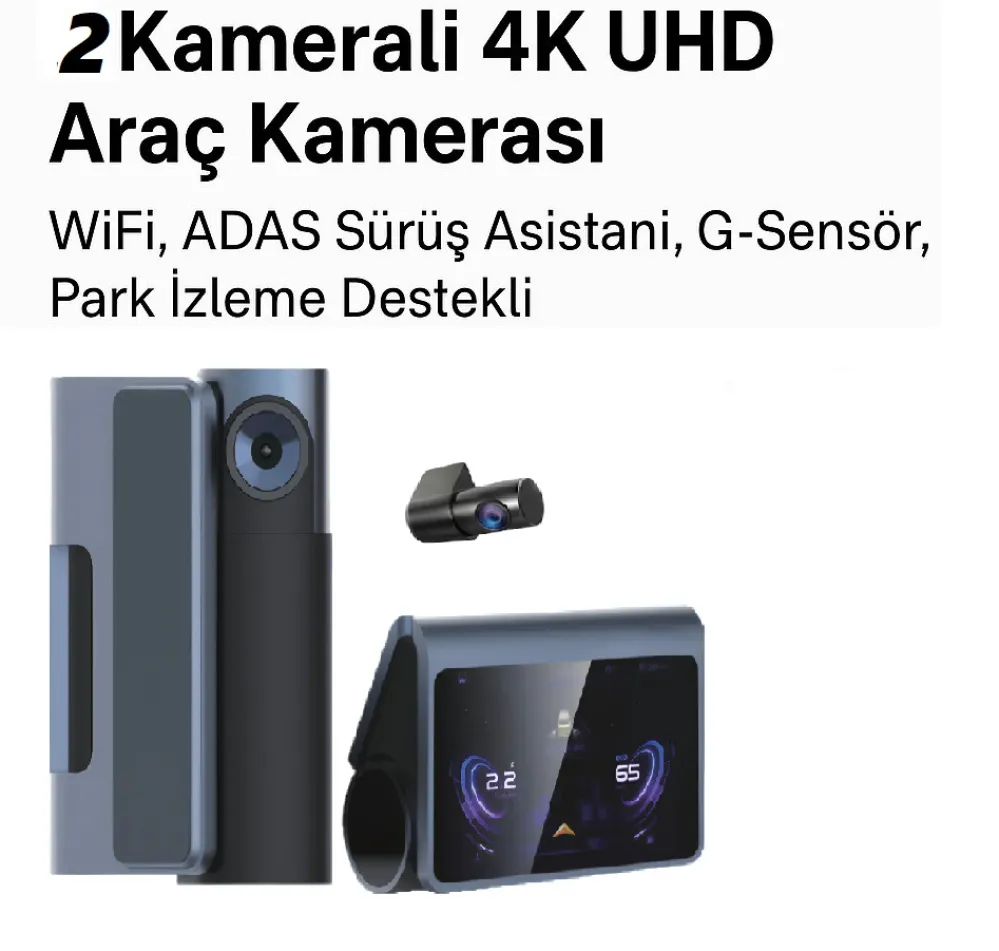 2 Kameralı 4K UHD Araç Kamerası | WiFi, ADAS Sürüş Asistanı, G-Sensör, Park İzleme Destekli