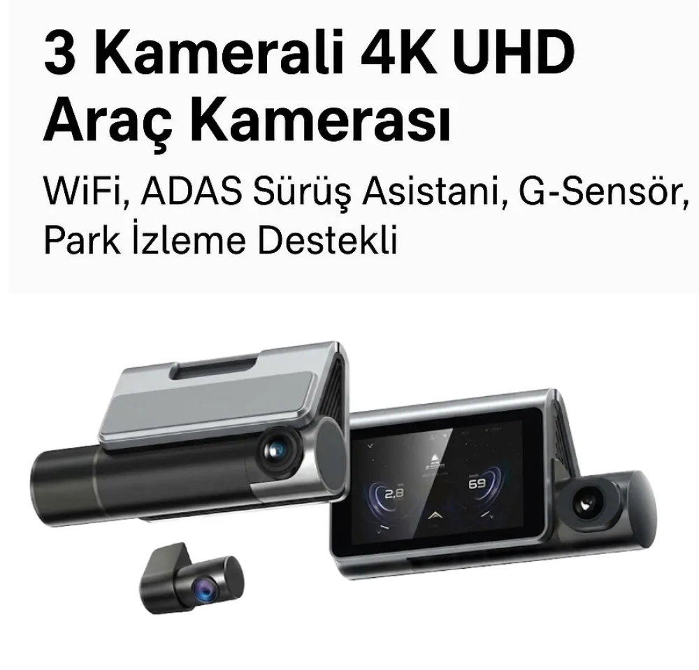 3 Kameralı 4K UHD Araç Kamerası | WiFi, ADAS Sürüş Asistanı, G-Sensör, Park İzleme Destekli