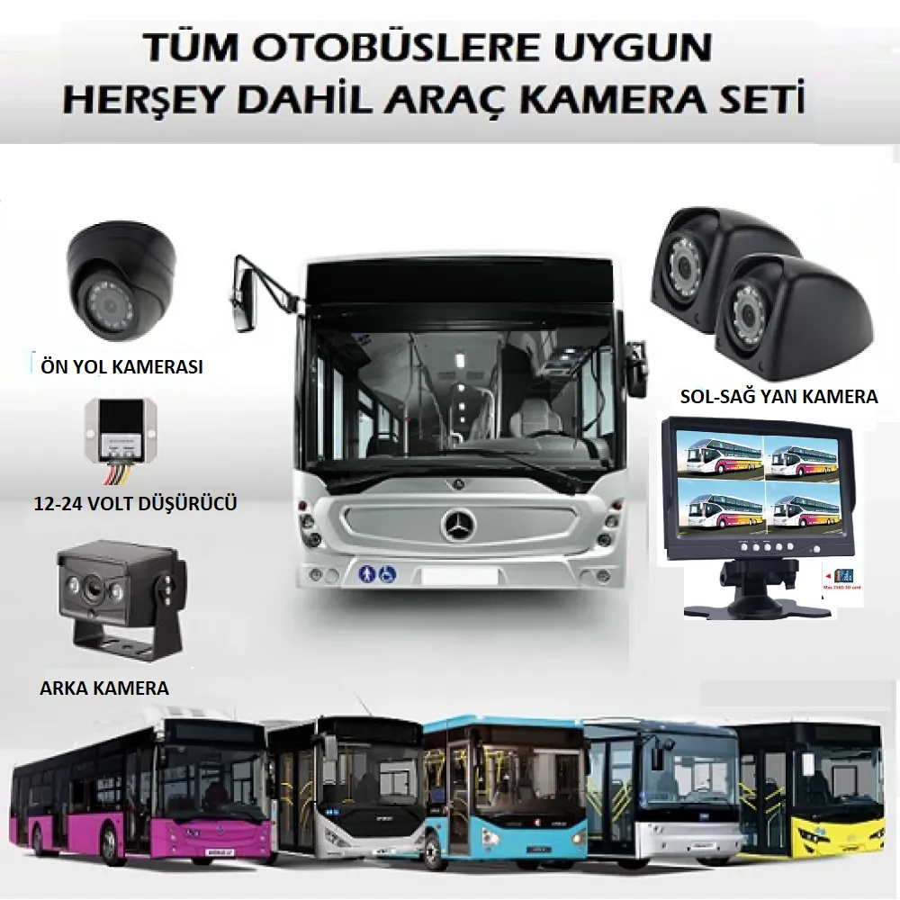 4 Kameralı Monitöre Kayıtlı Otobüs Kamera Seti