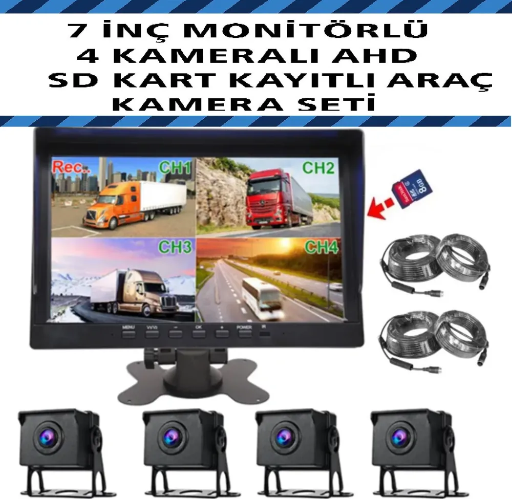 7 İnç Monitörlü, 4 Kameralı, AHD SD Karta Kayıtlı Araç Kamera Seti