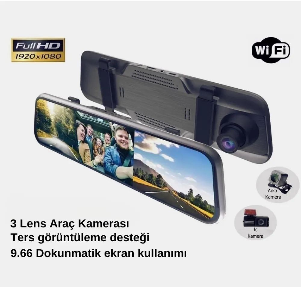 9.66 İnç 4K Dokunmatik Dikiz Ayna Kamera | Ön ve Arka Görüş, Gece Görüşlü Park Monitörü