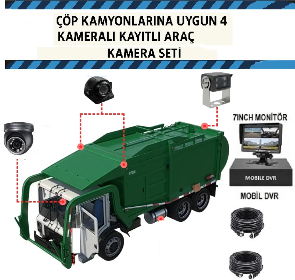 Çöp Kamyonlarına Uygun 4 Kameralı Kayıtlı Araç Güvenlik Kamera Seti