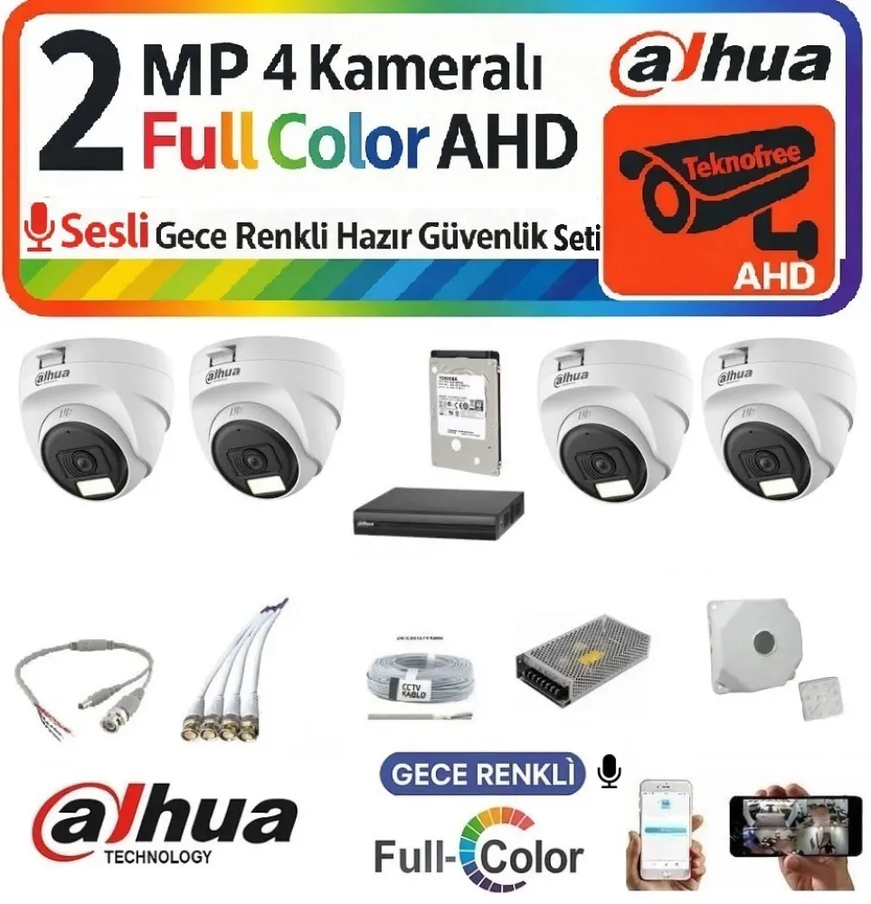 Dahua 2 MP Full HD 4 Kameralı Sesli  Renkli  Gece Görüş Kamera Seti