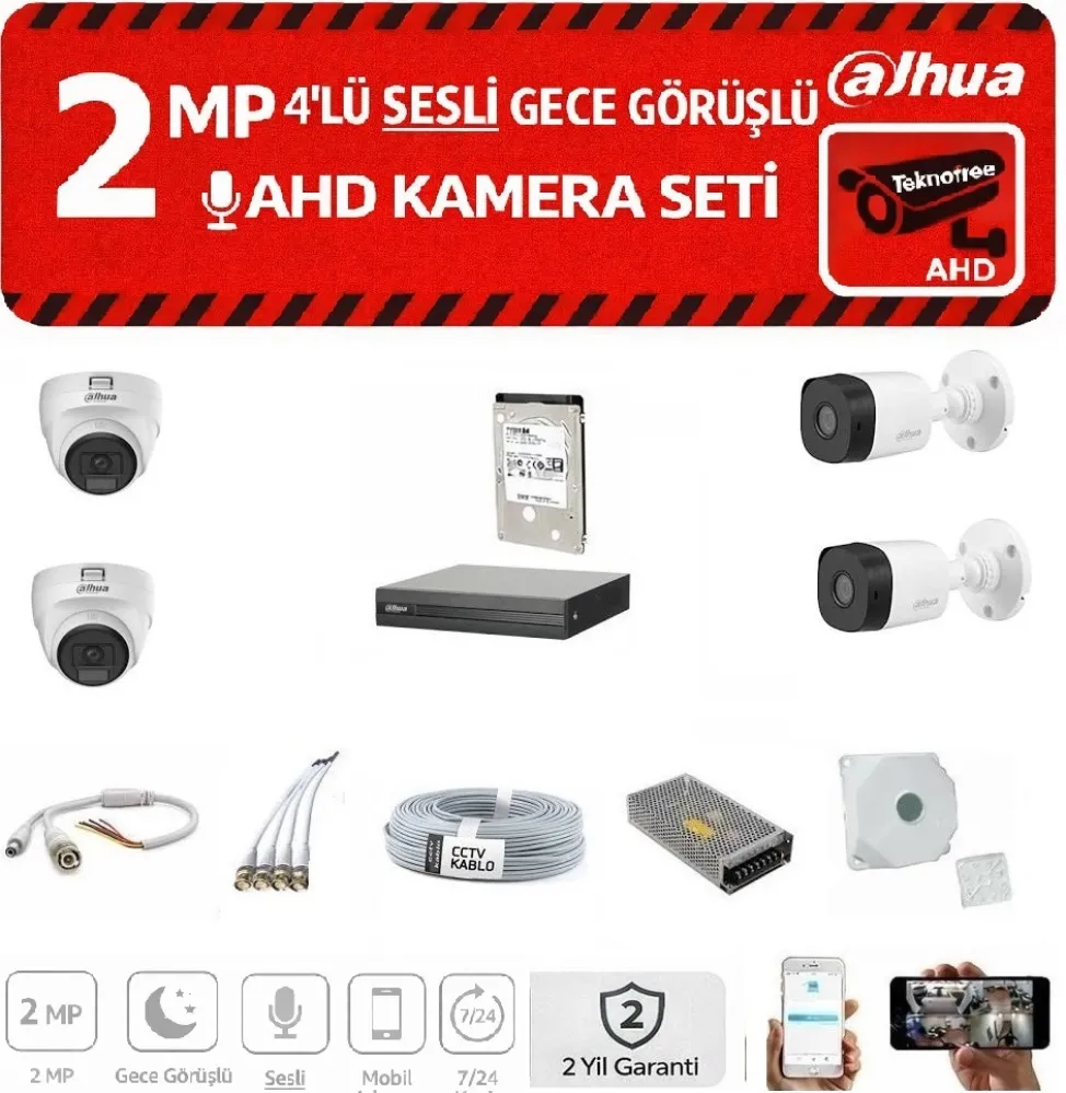 Dahua 2MP Sesli AHD Kamera Seti | 4 Kameralı (2 İç, 2 Dış), Gece Görüşlü