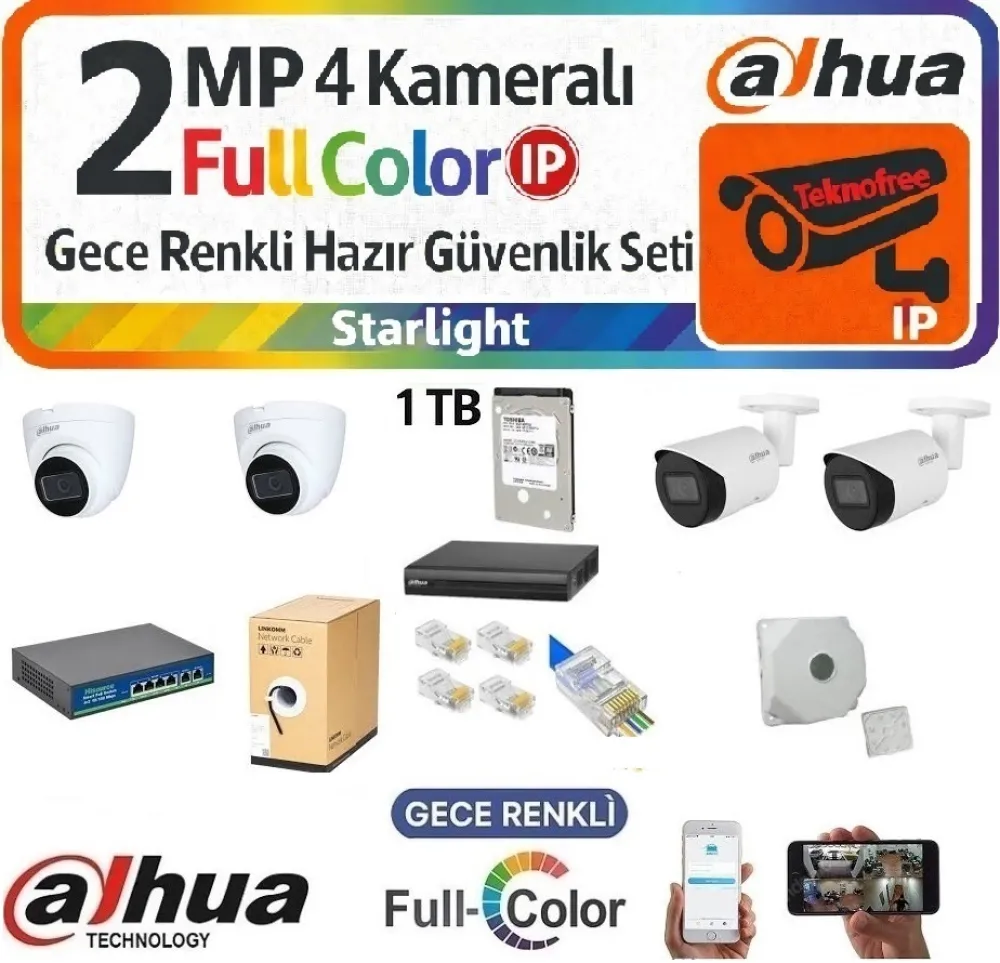 Dahua 2MP Starlight 4 Kameralı Dome IP Güvenlik Seti – 2 İç, 2 Dış Kamera, Sesli ve Renkli Gece Görüşlü
