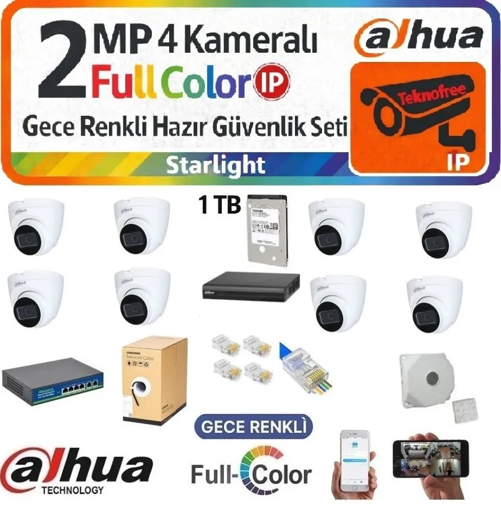 Dahua 2MP Starlight 8 Kameralı Dome IP Güvenlik Seti – Sesli ve Gece Görüşlü