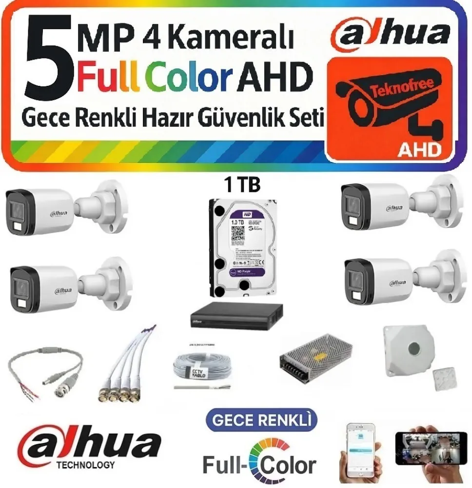 Dahua 5MP Full HD 4 Kameralı Renkli Gece Görüş Kamera Seti