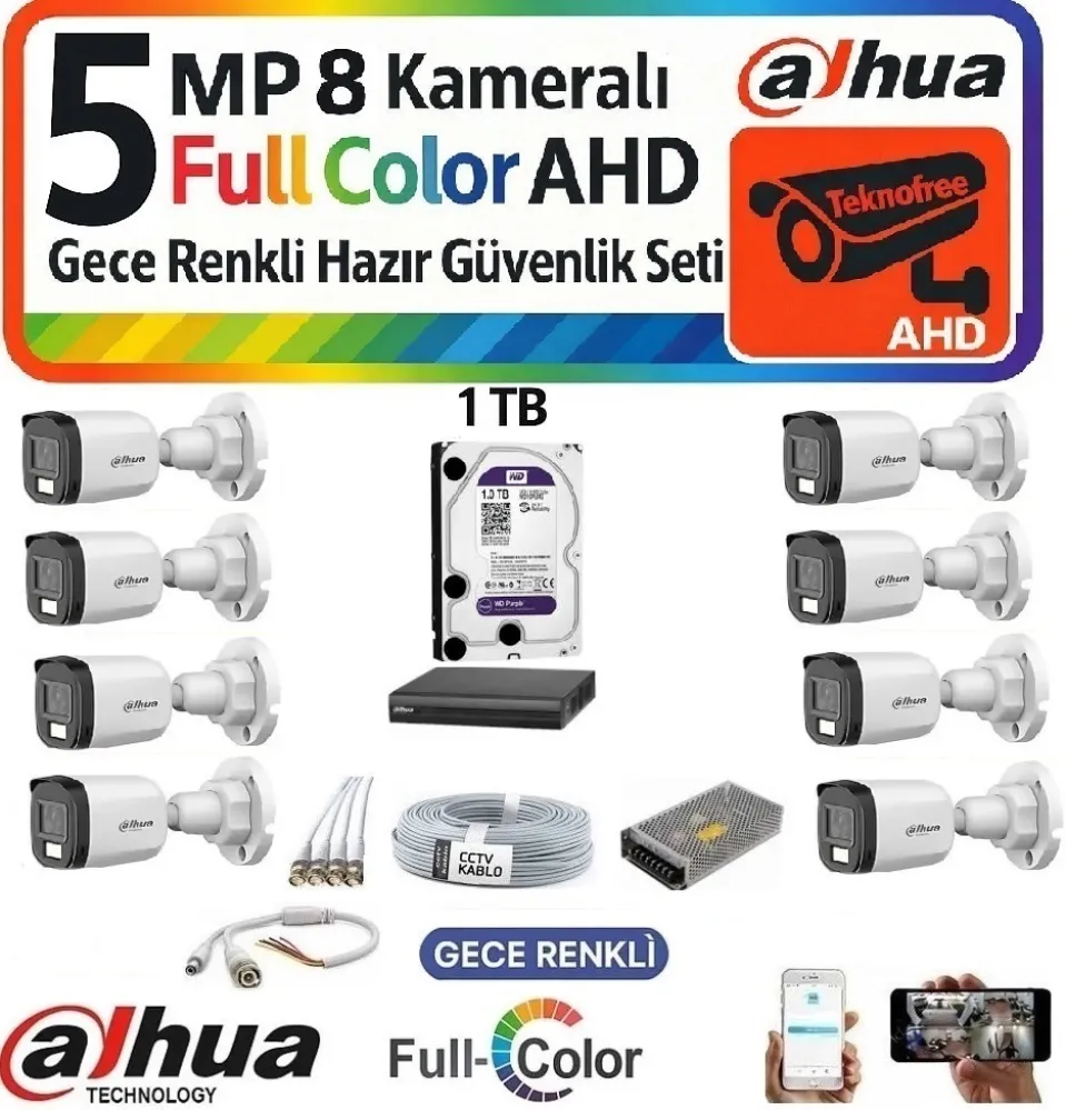 Dahua 5MP Full HD 8 Kameralı Renkli Gece Görüş Kamera Seti