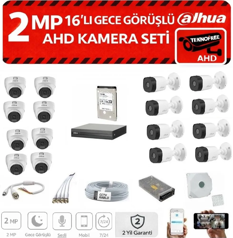 Dahua Full HD 16 Kameralı  Gece Görüş Güvenlik Sistemi (8 İç + 8 Dış)