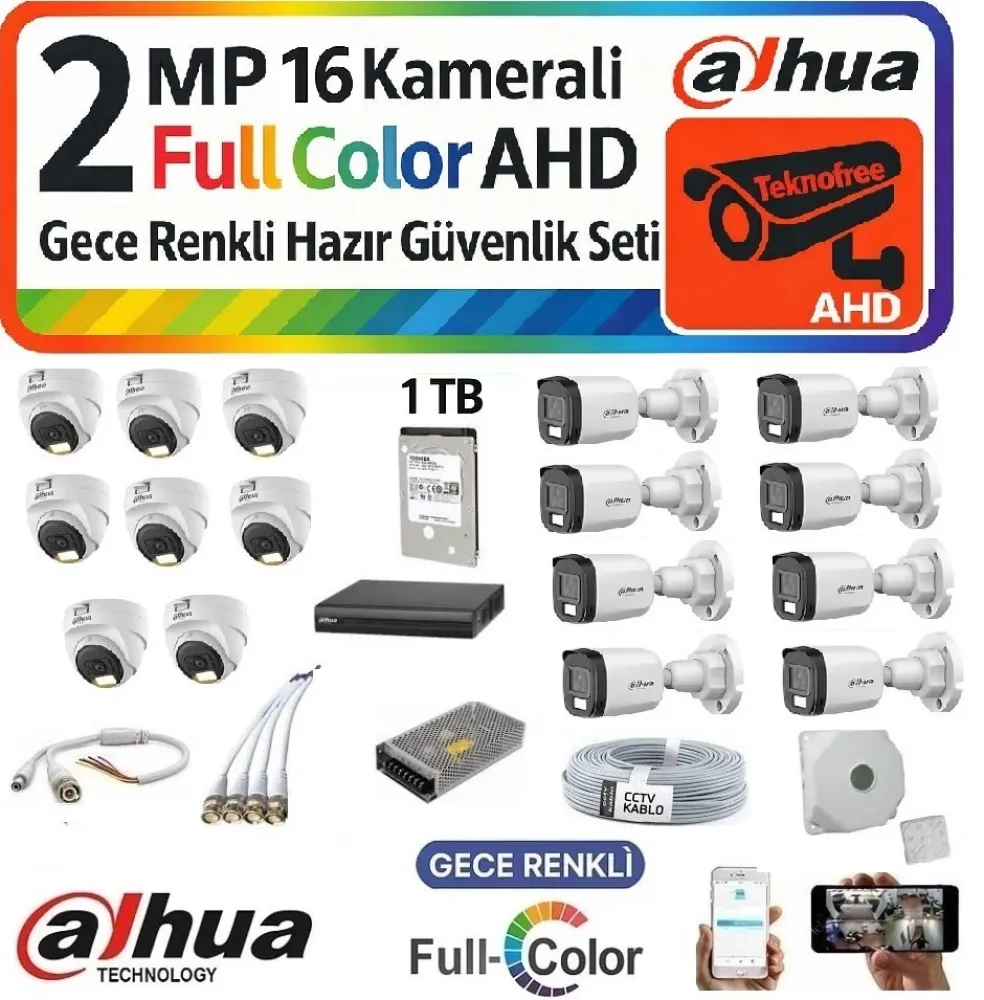 Dahua Full HD 16 Kameralı Renkli Gece Görüş Güvenlik Sistemi (8 İç + 8 Dış)