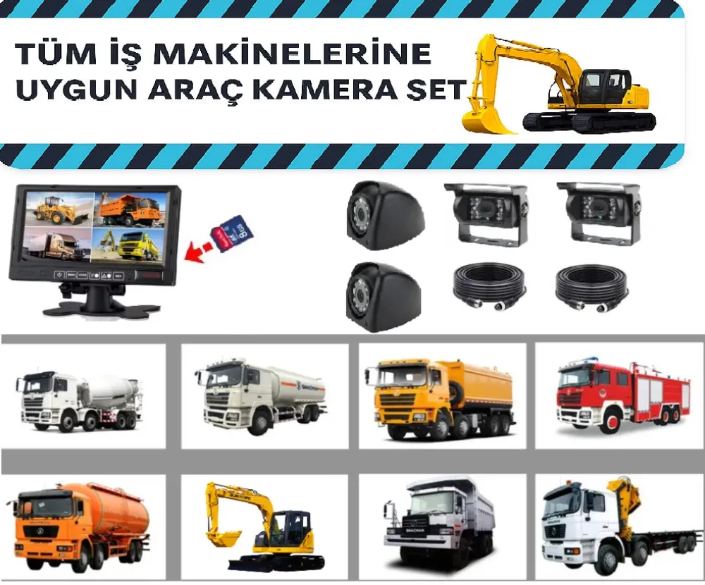 İş Makineleri İçin 4 Kameralı Monitöre Kayıtlı Araç  Kamera Seti