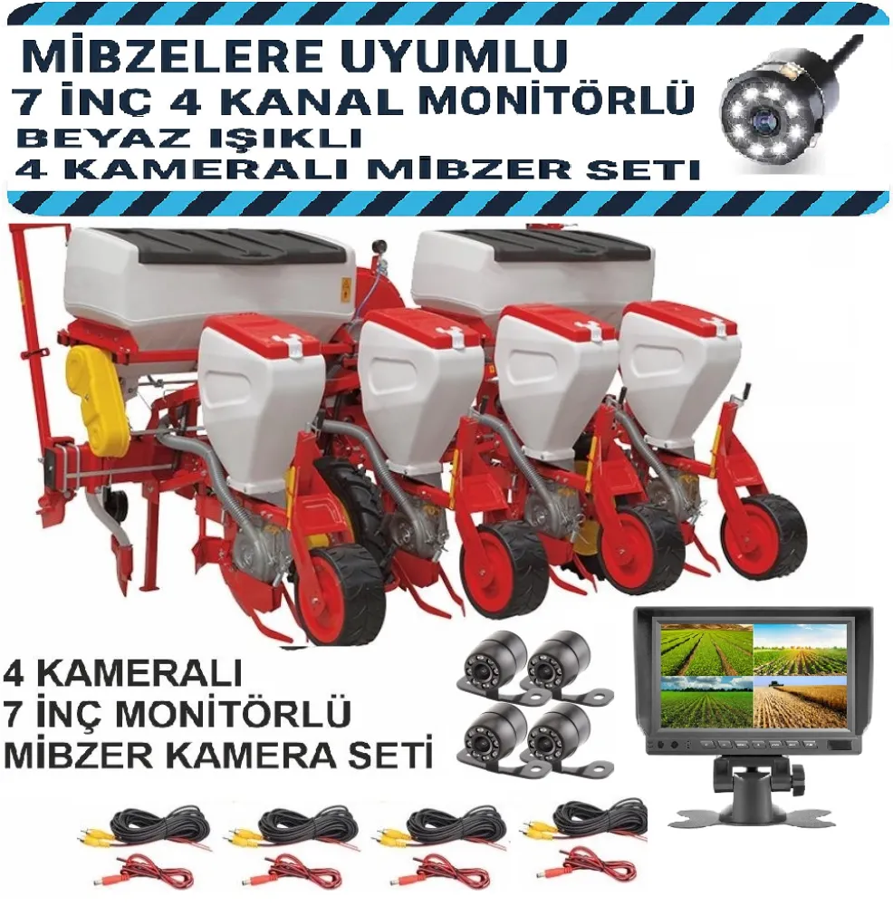 Mibzerlere Uyumlu 7 İnç 4 Kanal Monitörlü, Beyaz Işıklı 4 Kameralı Set
