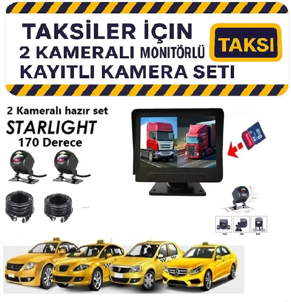 Taksiler İçin 2 Kameralı Monitörlü Kayıtlı Araç Kamera Seti