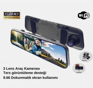 9.66 İnç 4K Dokunmatik Dikiz Ayna Kamera | Ön ve Arka Görüş, Gece Görüşlü Park Monitörü