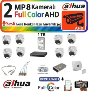Dahua 2 MP Full HD 8 Kameralı Sesli Renkli Gece Görüş Kamera Seti