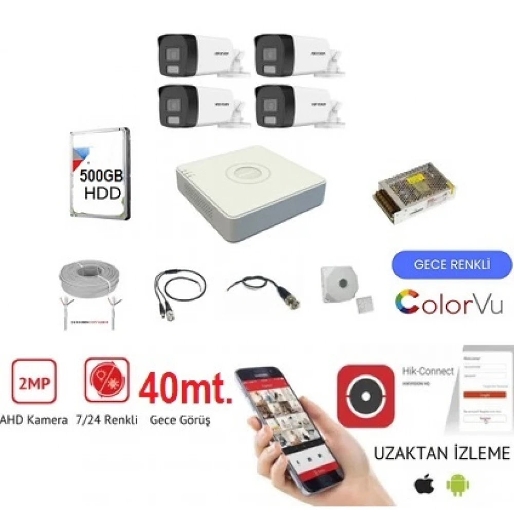 Hikvision 4 Kameralı 7/24 Renkli Görüşlü 2mp Ahd Güvenlik Kamerası - 40 Metre
