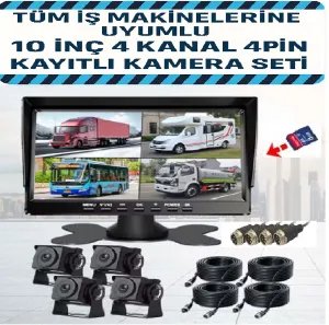 Tüm İş Makinelerine Uyumlu 10 İnç 4 Kanal 4 Pin Kayıtlı Kamera Seti